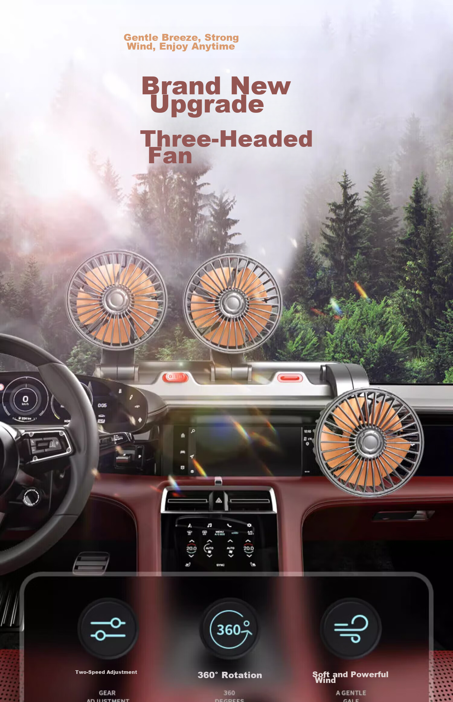 Huashi Car Fan with USB Interface, Specially Designed for Large Trucks, High-Power Strong Wind, 5V Low Noise, Three-Head Vehicle Electric Fa 2