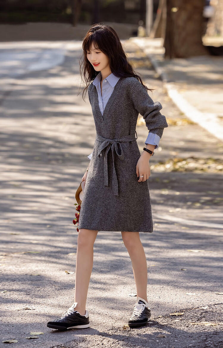 Dme [Tianyan Gaozhi Chande] Winter Faux Two-Piece Color-Block Belt with Breathable Merino Wool A-Line Dress for Wome 11