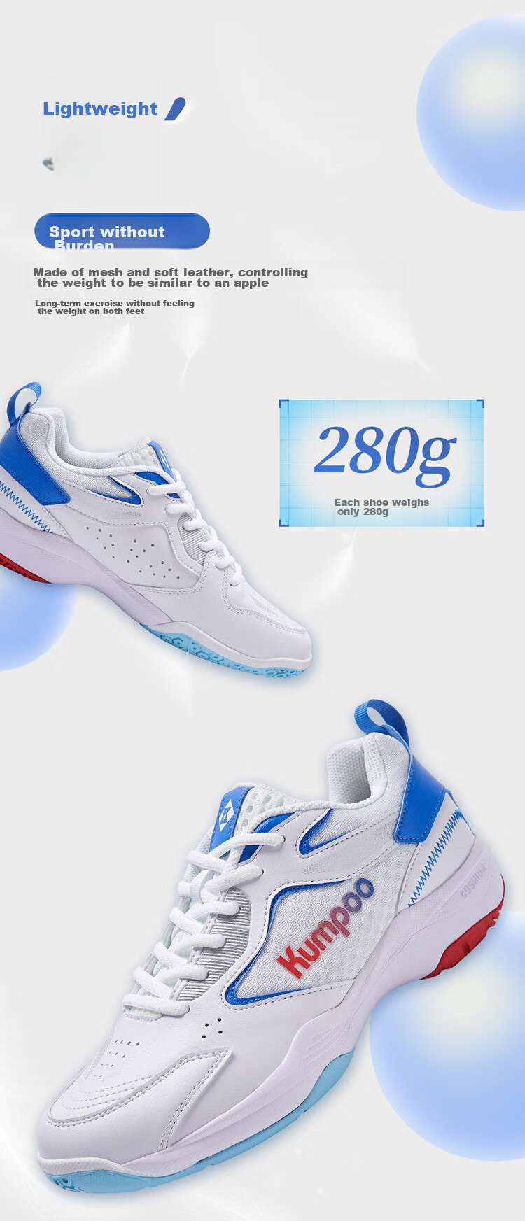 KUMPOO Badminton Shoes for Men And Women, Breathable, Lightweight, Shock-Absorbing, Anti-KH G15 White Blue Size 35 5