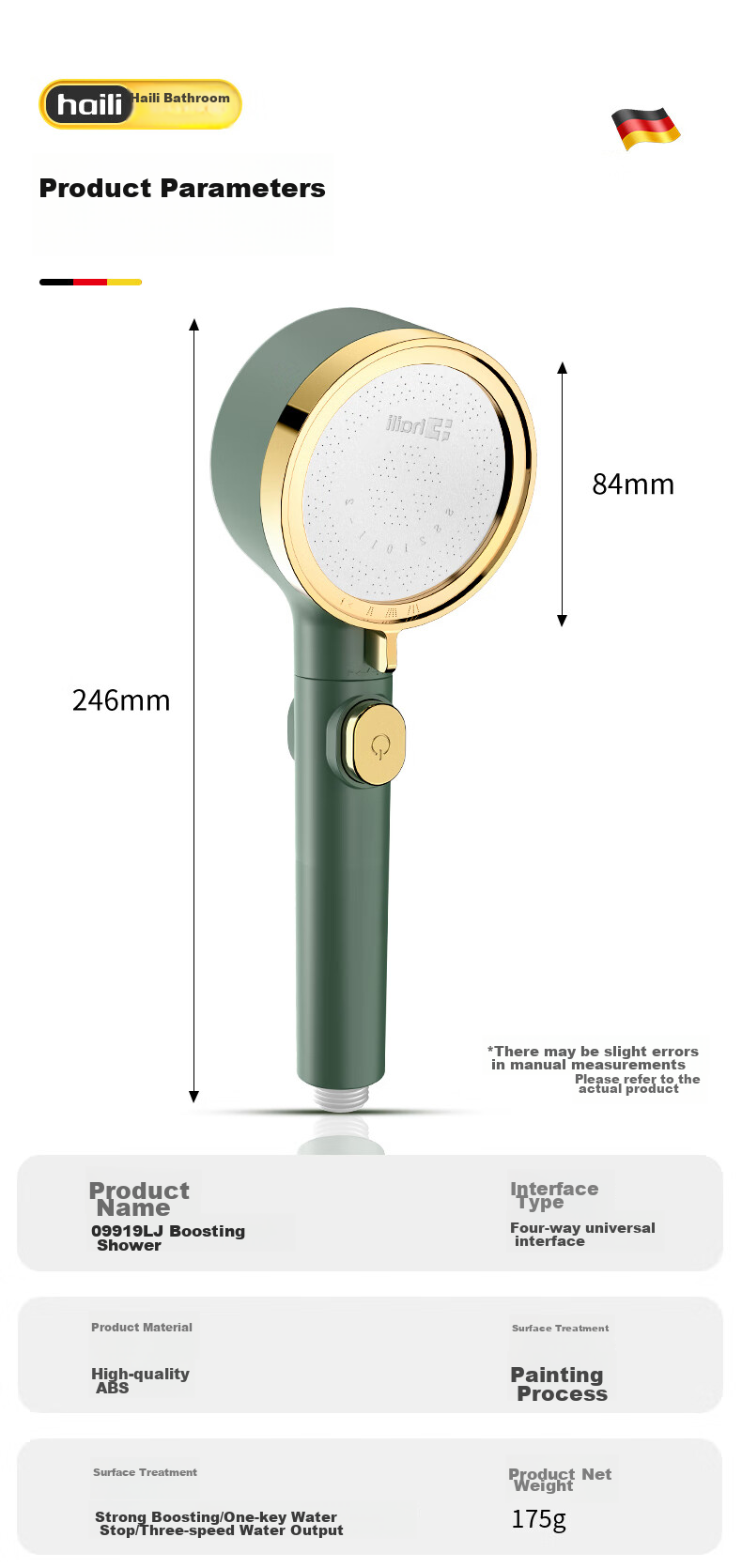 Haili High-Pressure Shower Head, Bathroom Bathing Strong Pressure Handheld Shower, One-Touch Switch, Universal Single Head 09919LJ 20