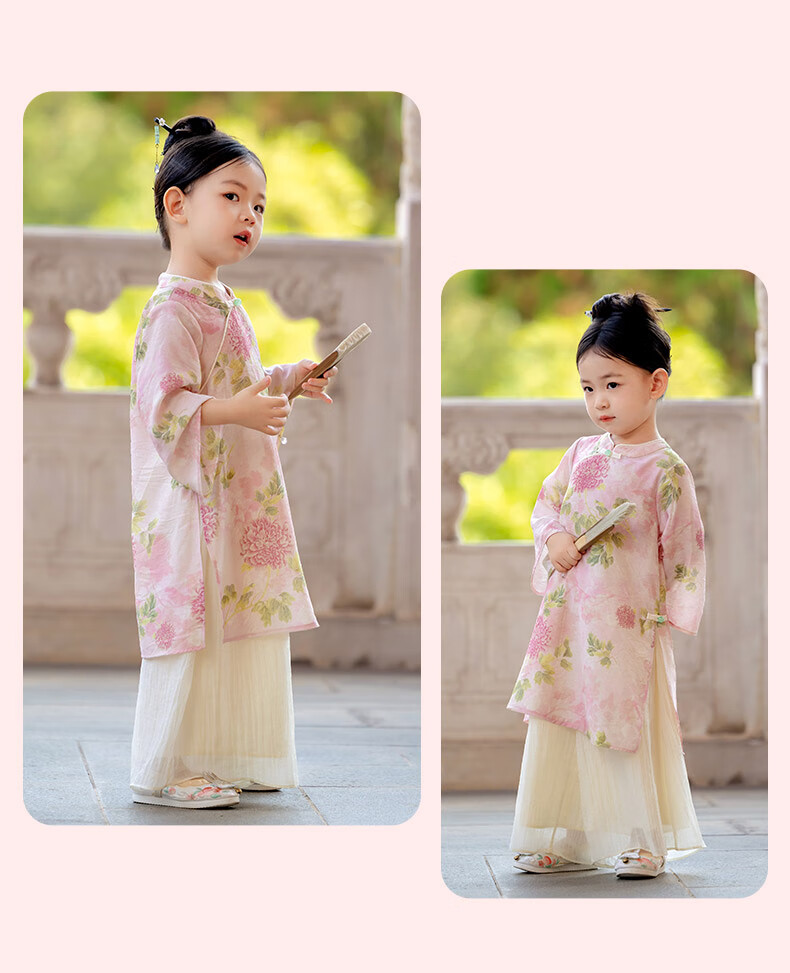 Menghu Ruoli Hanfu Girls' 2026 Spring New Chinese-Style Set, Vintage-Style Long-Sleeve National Style Parent-Child Outfit, Pink Floral Pattern, Size 150 5