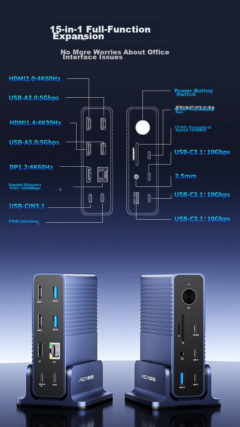 Acasis Desktop Expansion Dock, Type-C Hub, DP Hub, Thunderbolt 4 Docking Station, 4K 60Hz Four-Screen Display, HDMI Graphics Card Expansion Dock, Vertical Computer Desk DS-7A15 5
