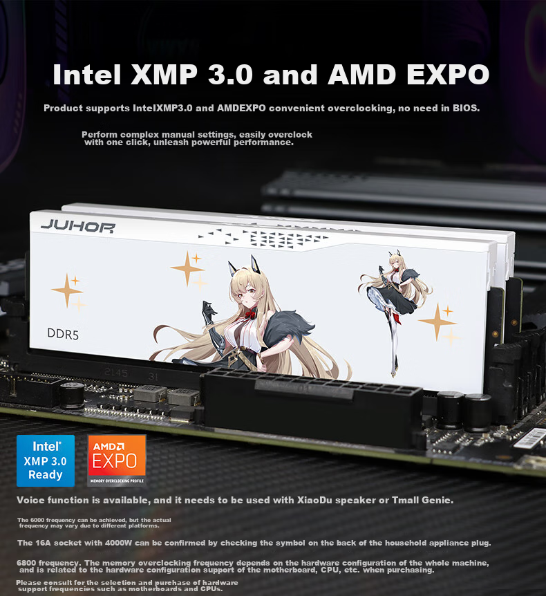JUHOR 32GB (16GB X 2) Kit, DDR5 6000 Desktop Memory Module, Hynix A-Die Chips, CL28, Compact Unlit, AI-Enhancing 4