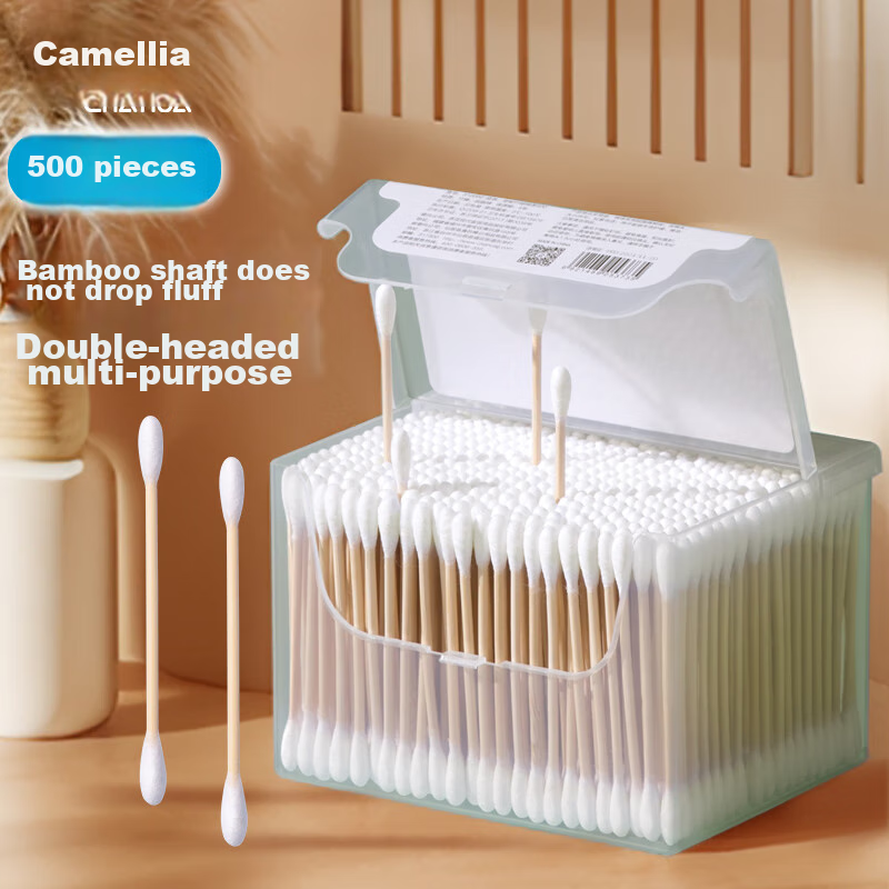 CHAHUA Cotton Swabs for Ear Cleaning (500 Pieces), Double-Ended Durable Bamboo Shaft Makeup Cotton Buds