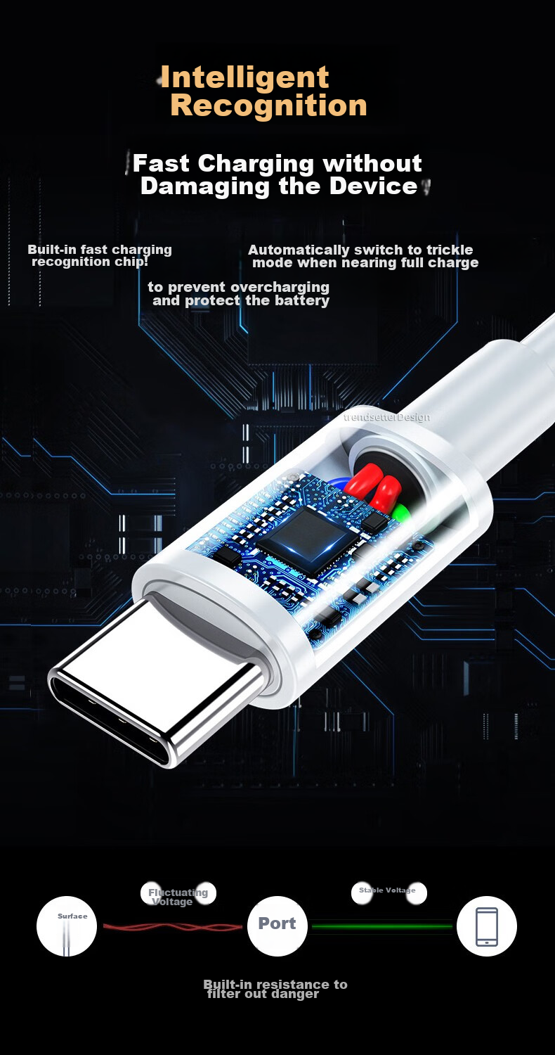 Chaofan Two-Pack Dual-Head Type-C Data Cable, PD Charging Cable 65W, Suitable for Huawei, Xiaomi, Samsung, Vivo, Lenovo Phones And Tablets, Data Transfer And Charging Cable 8