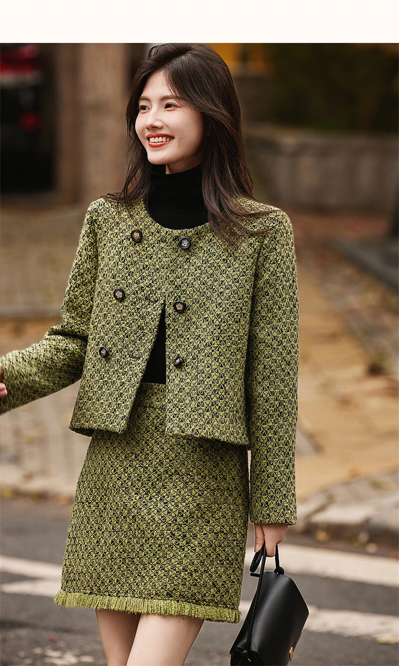 Dme [Elegant Chanel-Style] Winter New Round Neck Button-Up Long-Sleeve Top, High-Waist Skirt Set for Women, Fashionable Two-Piece Outfit 14