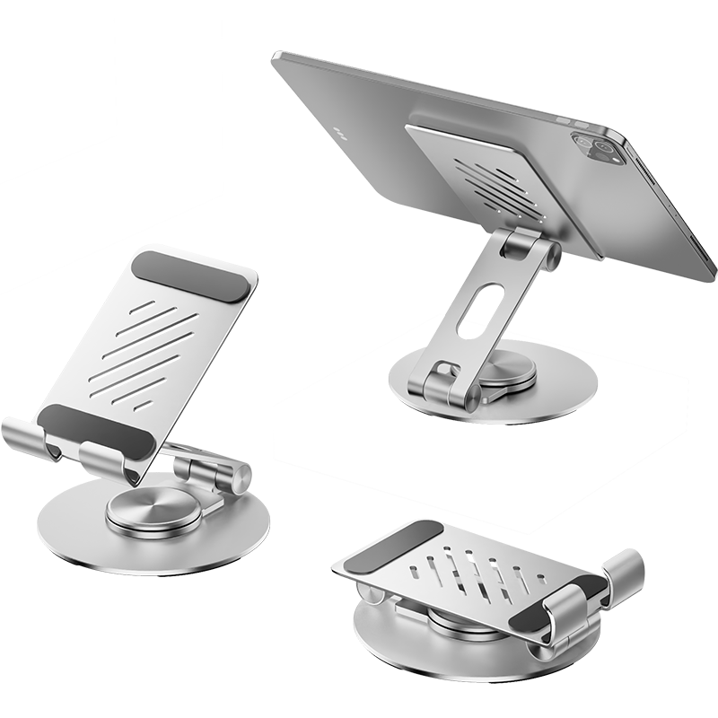Pisen [Thickened Aluminum Alloy] 360° Rotating Tablet Stand, IPad Holder, Phone Stand, Desktop And Bedside Stand for Online Classes, Live Streaming, Gaming, Foldable Lazy Stand, Silver