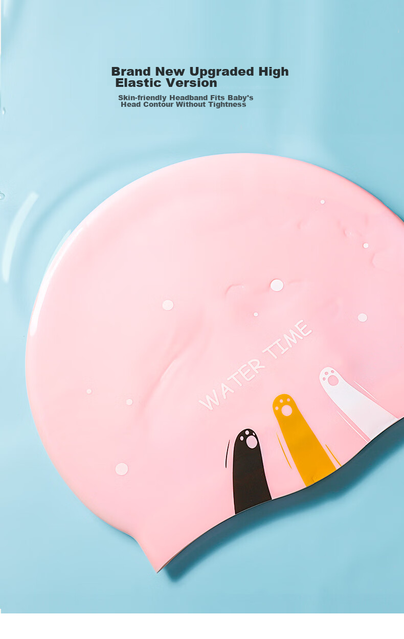 WATERTIME / Shuichuan Children's Swim Cap, Boys And Girls Waterproof Silicone Non-Binding Long Hair Ear Protection Swimming Cap, White Kitten Desig 3