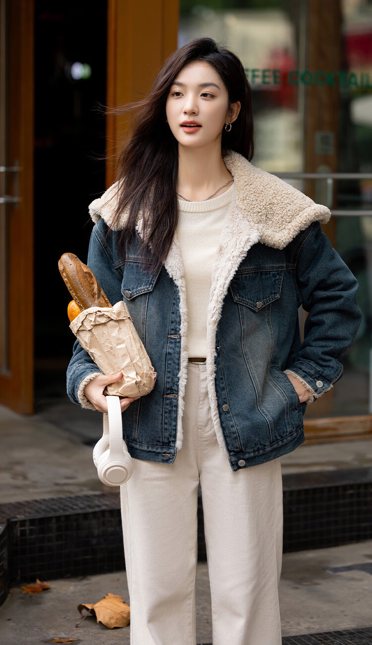 DME Fashion Vintage Large Lapel Winter Denim Composite Faux Lamb Wool Jacket for Women Dark Denim Blue S 2