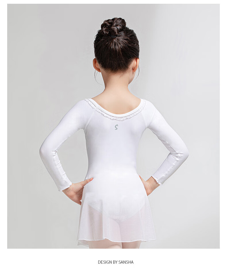 Sansha Ballet Practice Dress, Children's Dance Costume Long-Sleeve Dress Chiffon V-Neck Lace Bodysuit Dress, Light Blue, M 15
