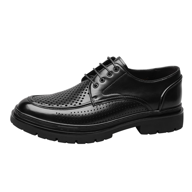 Goldlion Men's Derby Shoes, Business Formal Shoes, Fashionable Perforated Breathable Leather Shoes G571230574AAD, Black, Size 43