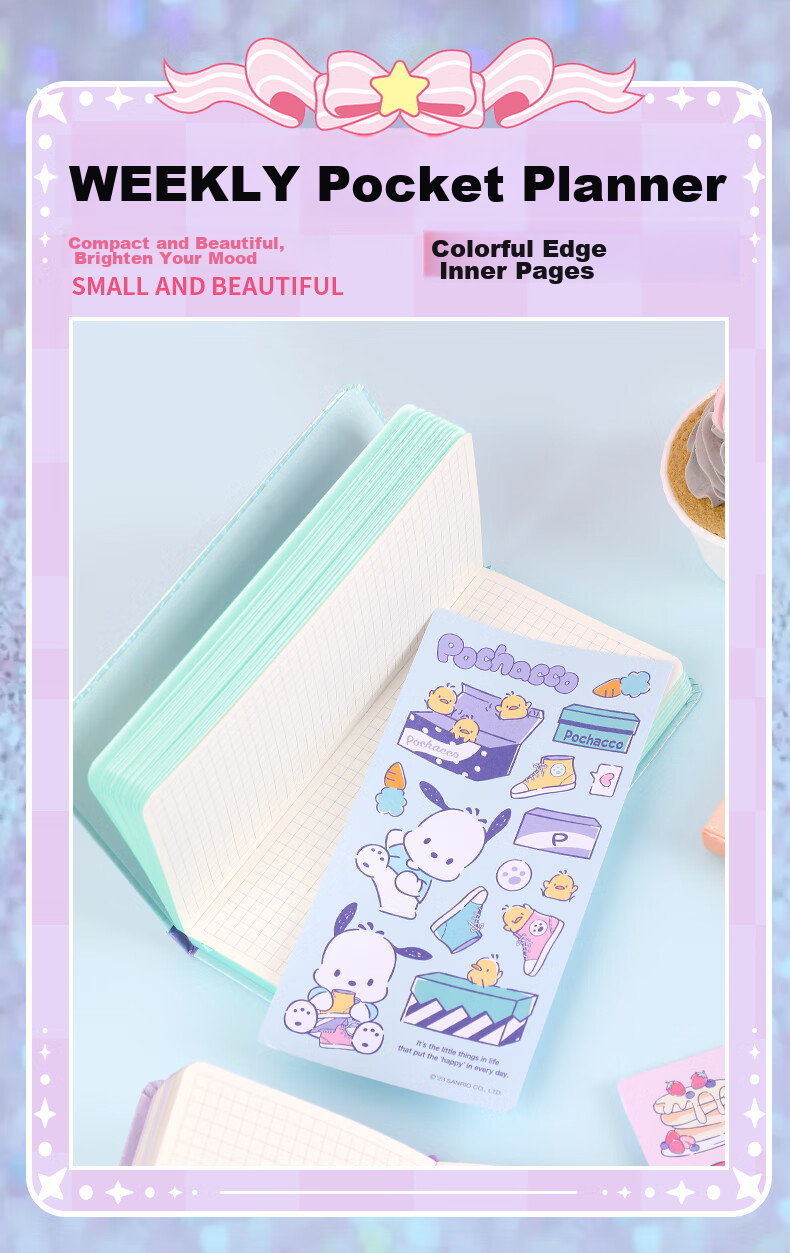 GuangBo X Sanrio Weekly Pocket Planner, Melody Stickers, Student Notebook, Compact And Portable Journal, 80*156mm, 77 Sheets, KT81376 Gift Set 9