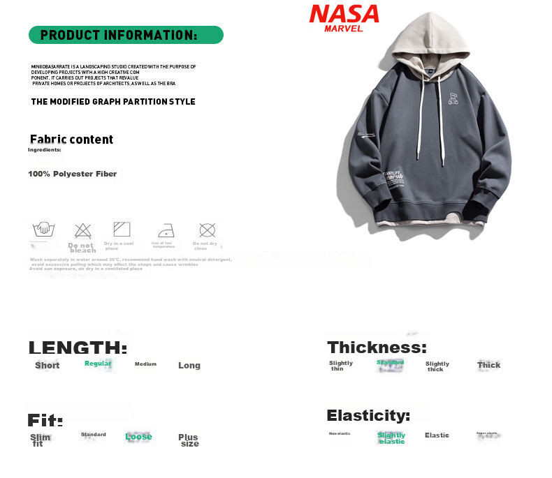 NASA MARVEL Sweatshirt for Men, Spring And Autumn Long-Sleeve T-Shirt, Hooded Faux Two-Piece Trendy Loose Casual Oversized Menswear, White, Size L 7
