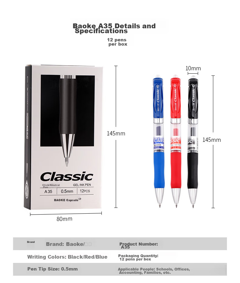 BAOKE A35 0.5mm Red Retractable Gel Pen Office Signing Pen Bullet Tip Water-Based Pen 12 Pcs/box 9
