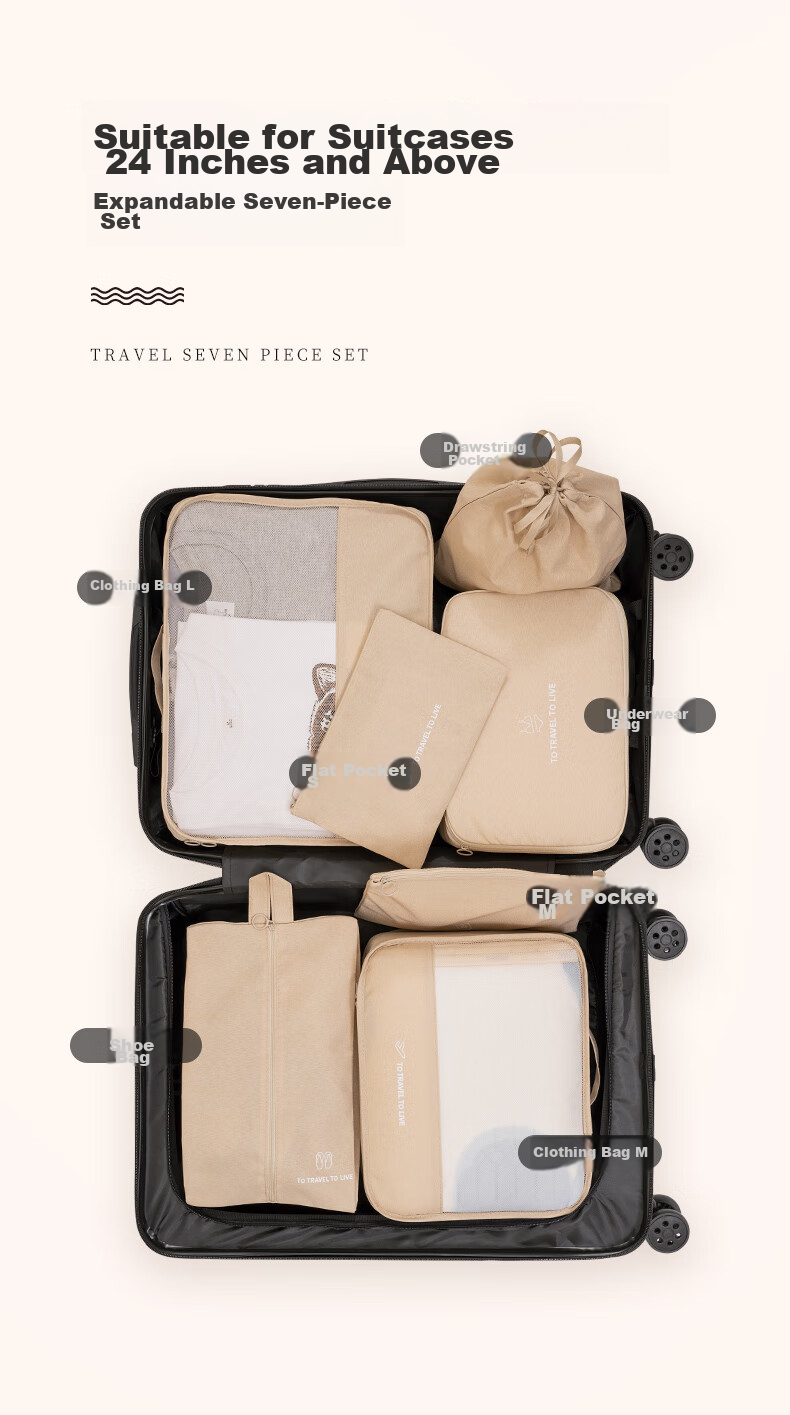 JEKO&JEKO Travel Storage Bags, Clothing Organizer Pouches, Essential for Business Trips, Thickened Suitcase, Cosmetic Storage Bags, 7-Piece Set in Gray 7