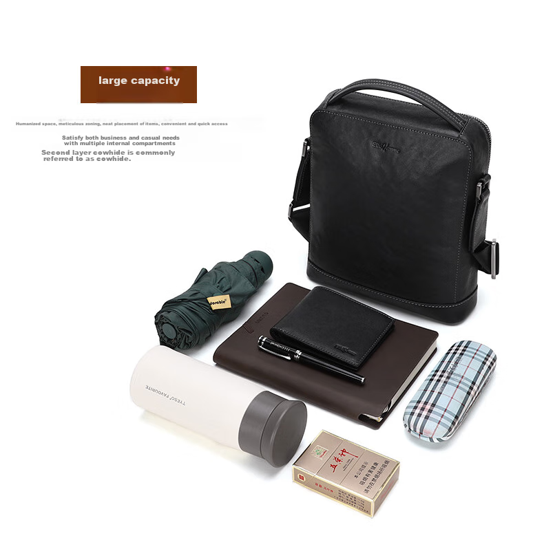 ELLE HOMME Business Men's Shoulder Bag, Fashionable Top-Grain Leather Crossbody Bag with Large Capacity, Handheld Men's Bag EA088205040 Black Birthday Gift for Boyfriend 7