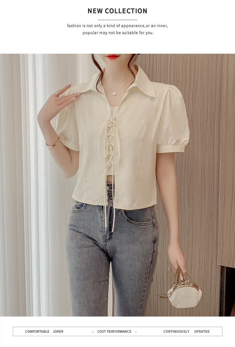 JEANSWEST Women's Summer 2025 Loose Puff Sleeve Short Sleeve Crop Shirt White L 19