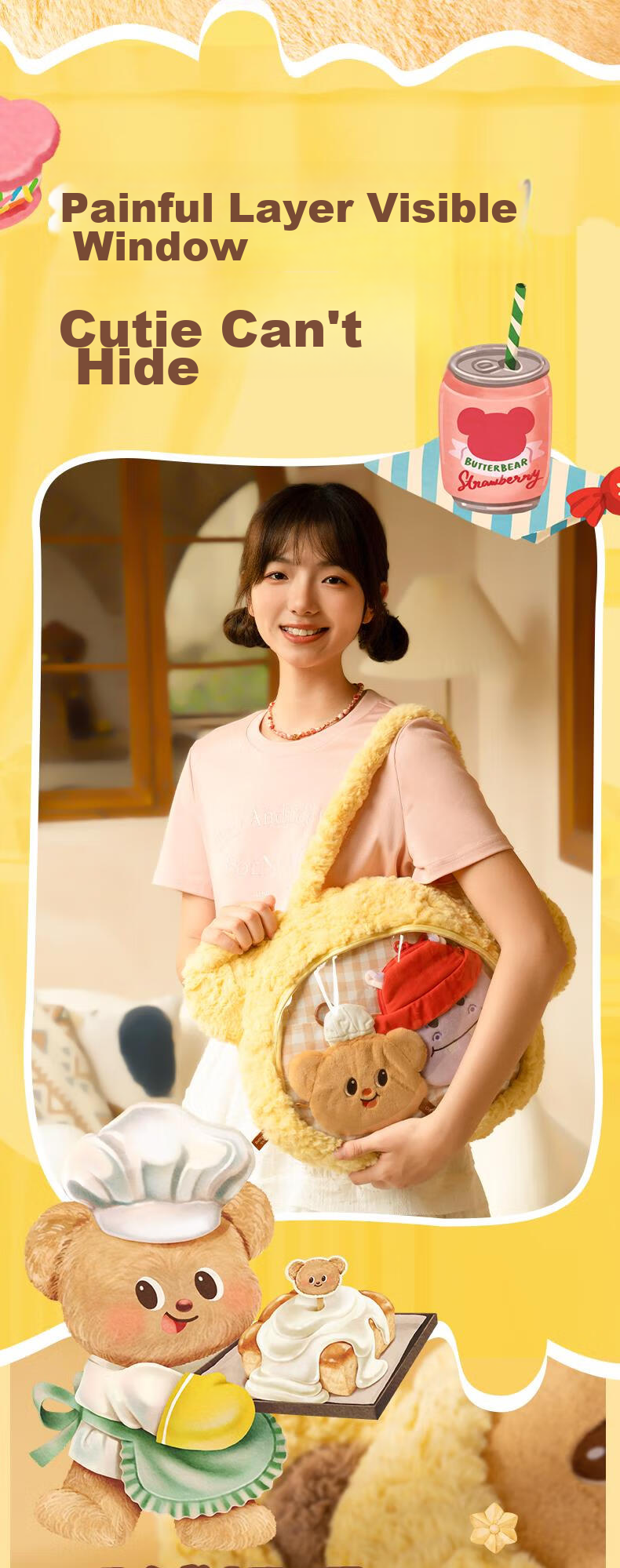 Deli Butter Bear Fashion Handbag, Tote Bag, Shoulder Bag, Tutoring Bag, Cute Plush Design, Double-Sided Use, Gift for Boys And Girls, Back-To Stationery Gift, Art Bag 4