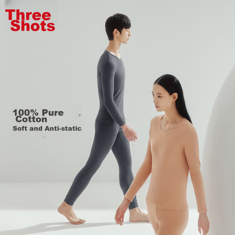 THREEGUN Women's Autumn Underwear Set, Pure Cotton Thin Round Neck Base Layer Thermal Underwear, Seamless Anti-Static Warm Inner Wear