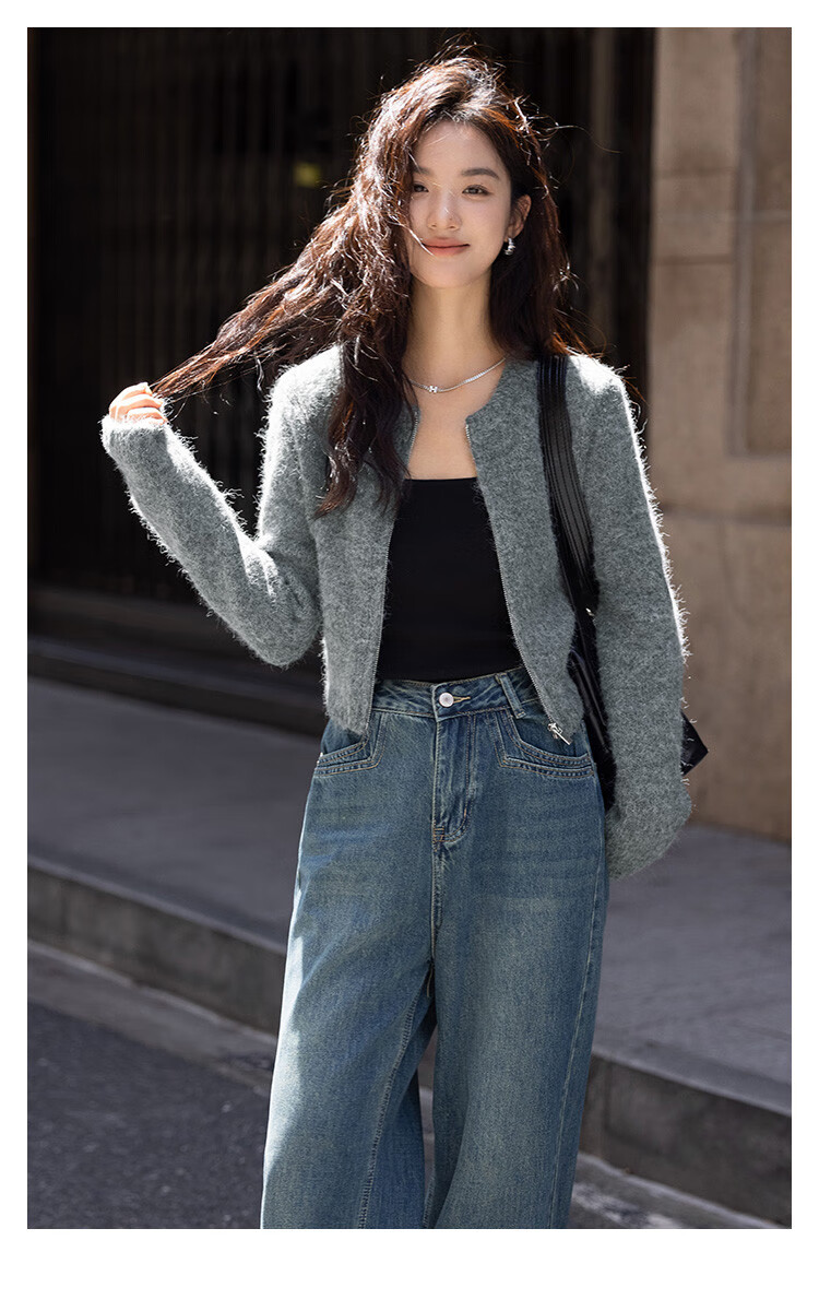 Dme [Gray Plush Knit Jacket] Autumn Round Neck Opening Placket Zipper Design Long-Sleeve Knit Sweater, Gray, S 3