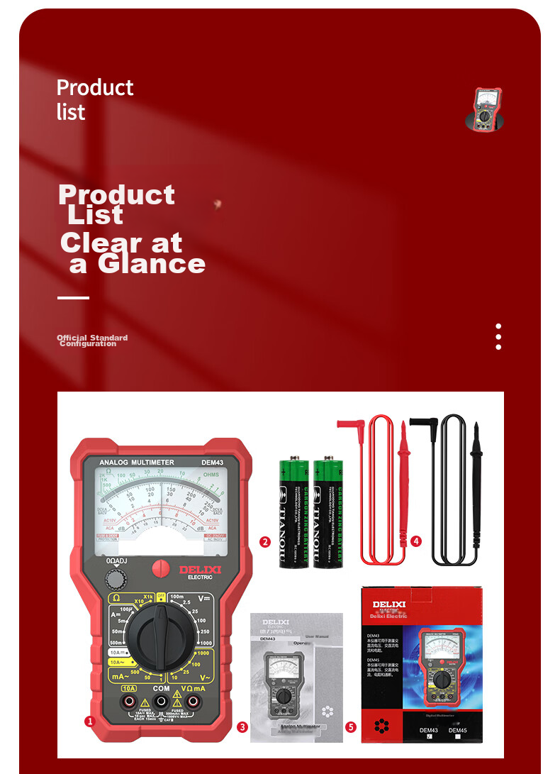 DELIXI ELECTRIC Analog Multimeter, High-Precision, Intelligent Burn Protection, for Home And Electrical Use, Continuity Test, DEM45 13