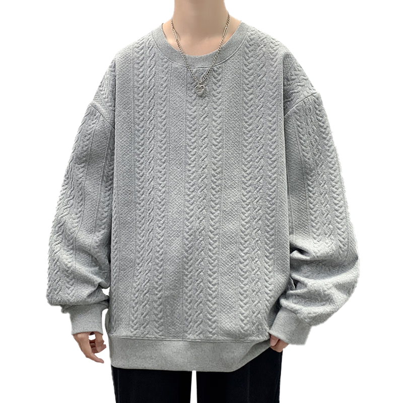Dingfengbaoluo Men's Long-Sleeve T-Shirt, Spring Versatile Fashion Jacquard Sweatshirt, Loose Trendy Top JE2221, Flax Gray M