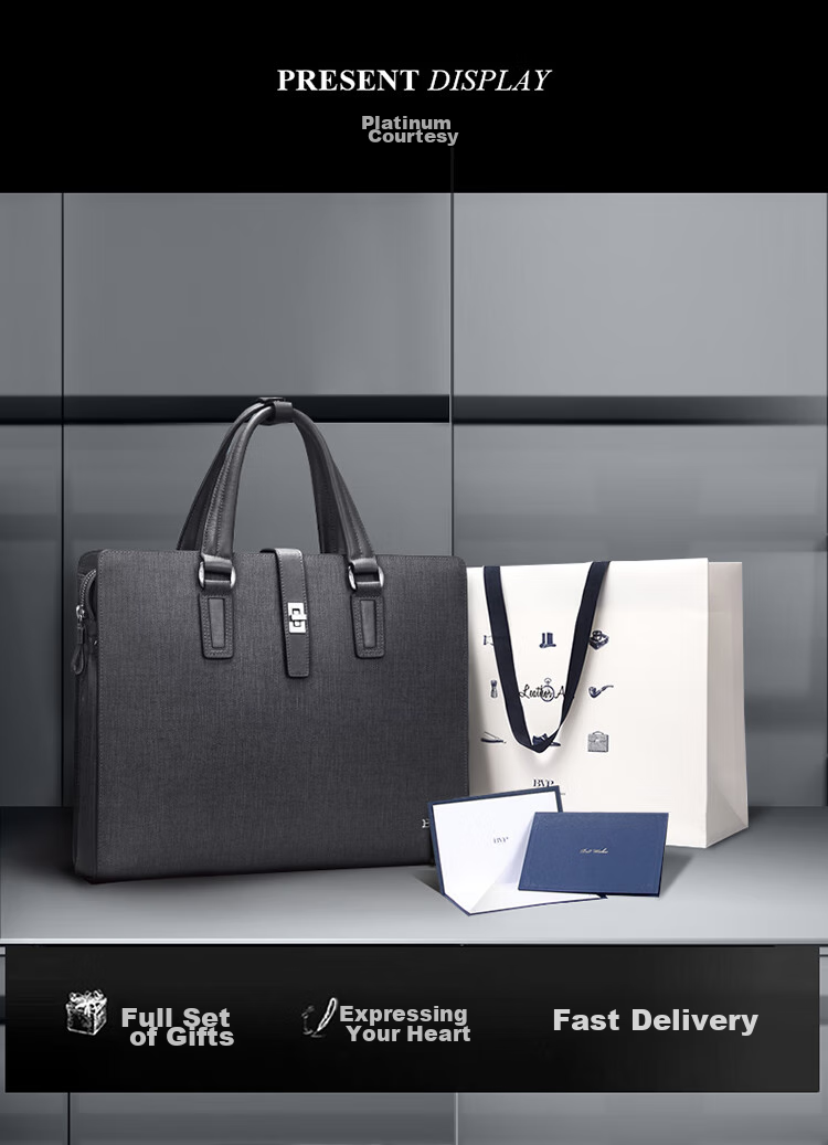BVP Men's Handbag, Business Briefcase, Cowhide Lock Buckle, Horizontal Style Handbag, Multifunctional Laptop Bag 14