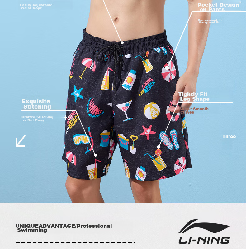 Li-Ning Swimming Trunks for Men, Quick-Drying Sports Swim Shorts, Anti-Embarrassment, Knee-Length Beach Shorts, Breathable, Anti-Exposure, Seaside Vacation, 327 Black Floral Pattern, 3XL 6
