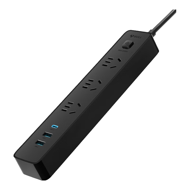 BULL 20W PD Apple Fast Charging Socket/USB Power Strip/Surge Protector/Dorm And Home Power Strip, 1C2A+3 Outlets, Total Length 1.8 Meters, Black, GNV-UU4203 Master Switch
