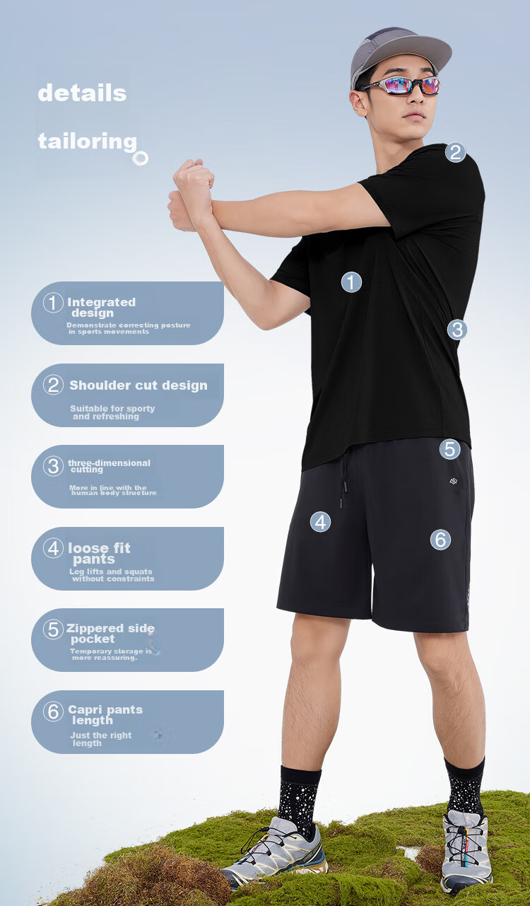 JD Original [Super Quick-Dry Set] Running Sportswear Set Moisture-Wicking Quick-Dry T-Shirt Five-Point Shorts for Men Spring/summer Black XL 7