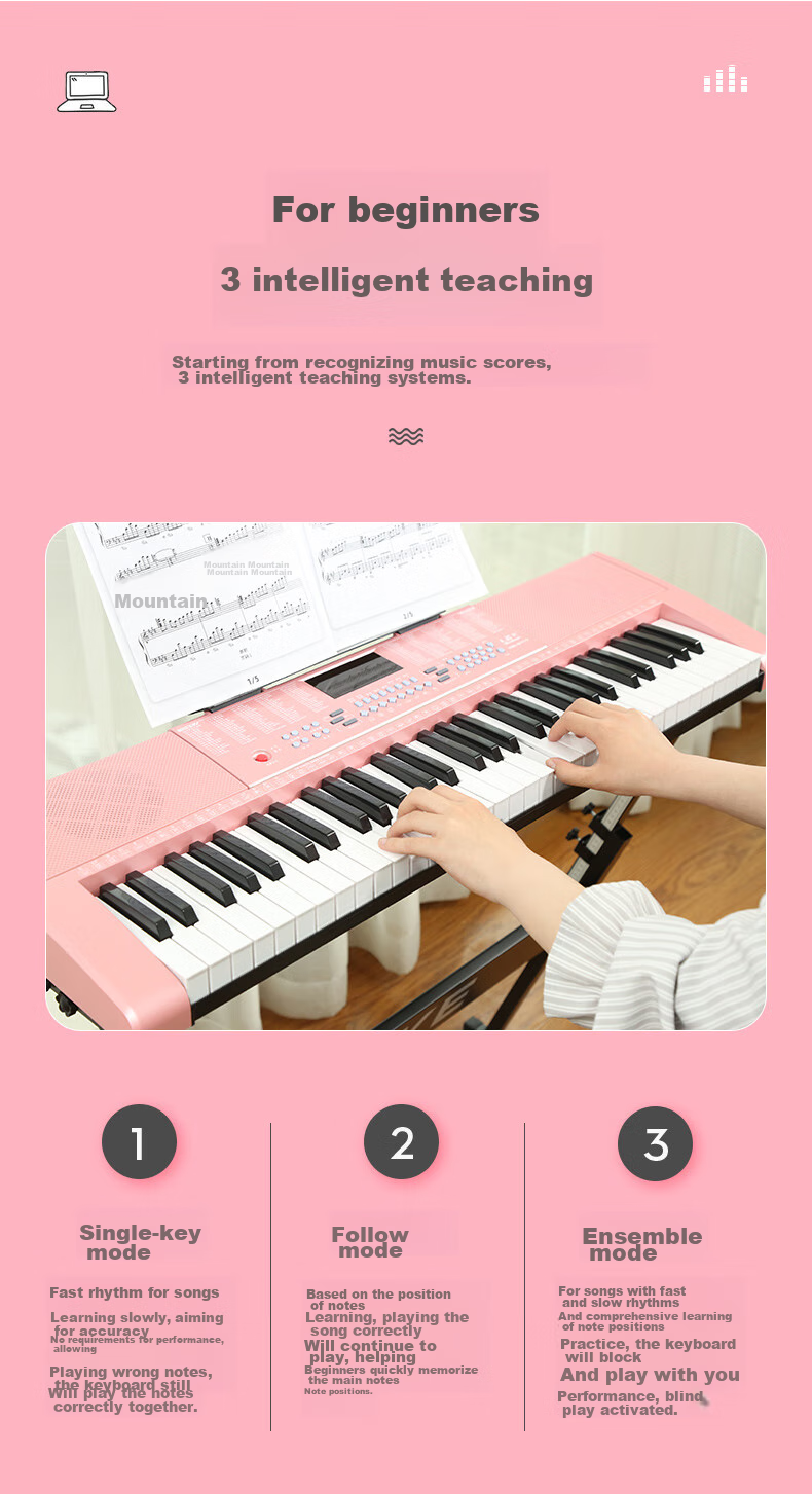 Meirkergr MK-288 Pink Basic Version + Stand, 61-Key Multifunctional Teaching Electronic Keyboard, Children's Beginner Musical Instrument, Connects Microphone, Headphones, Mobile Phone, Pad with Stand 3