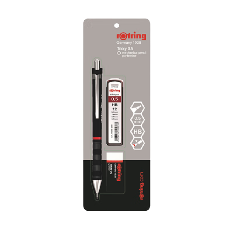 Rotring Automatic Pencil, Tikky Series, 0.5mm, Black, Single Card Pack, Aesthetically Pleasing, Professional Drawing Tool for Students, Durable Lead