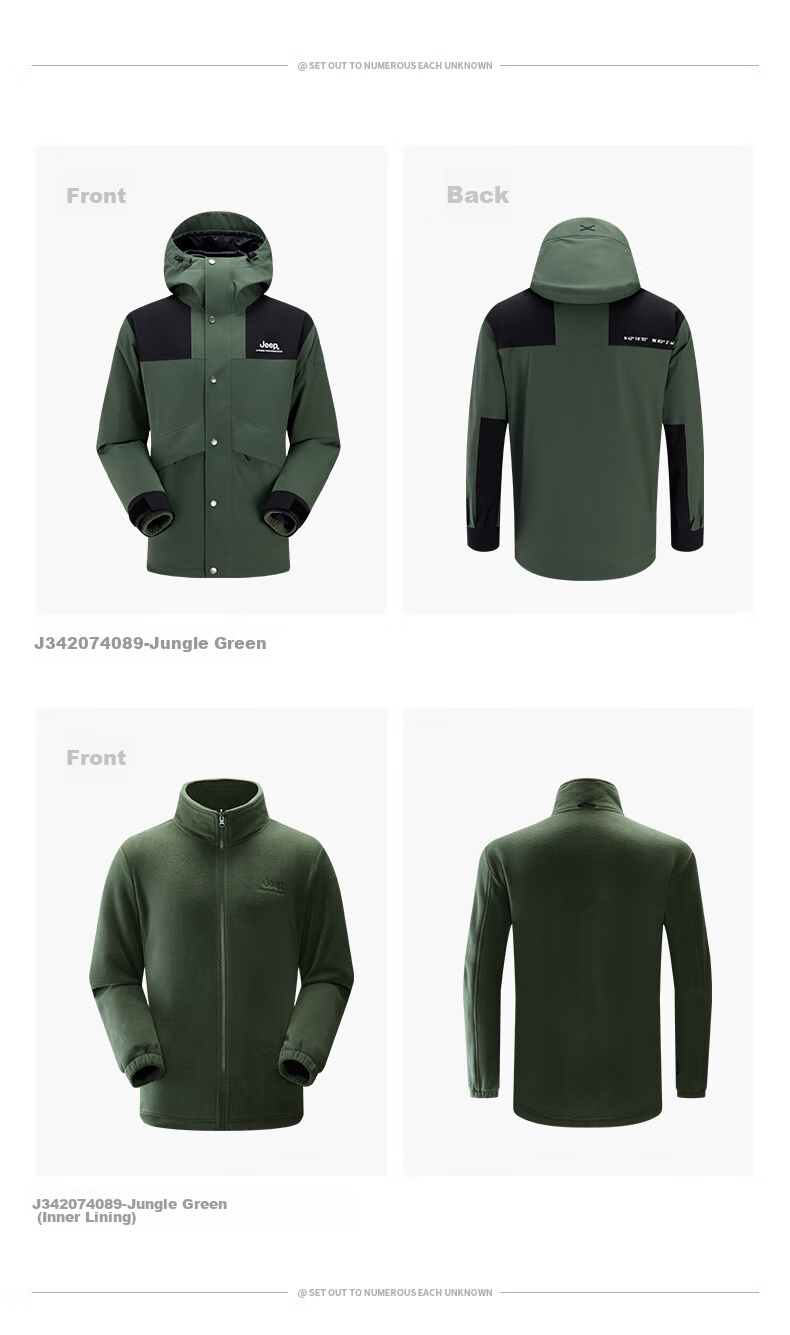 Jeep Men's And Women's Three-In Outdoor Hardshell Windproof Waterproof Mountaineering Jacket, Detachable Fleece-Lined Coat, Jungle Gree 31