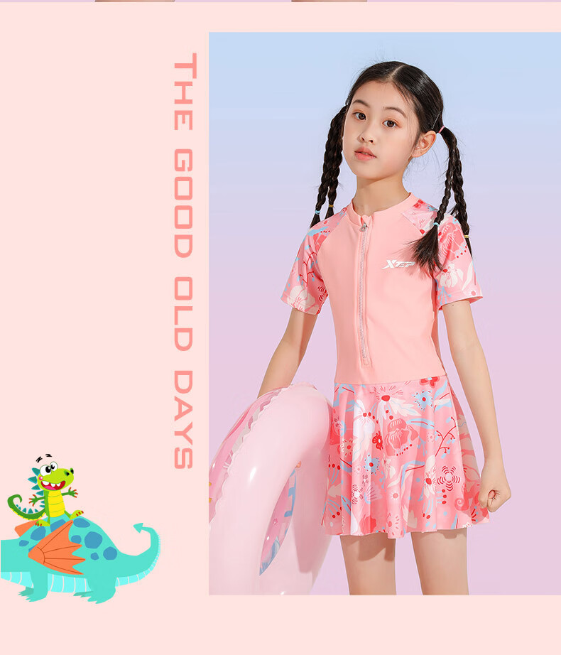 XTEP Children's Swimsuit, One-Piece Dress Skirt Swimming Suit for Girls, Suitable for Big, Medium And Small Children, Baby Hot Spring Swimwear, Pink, Size 130 10