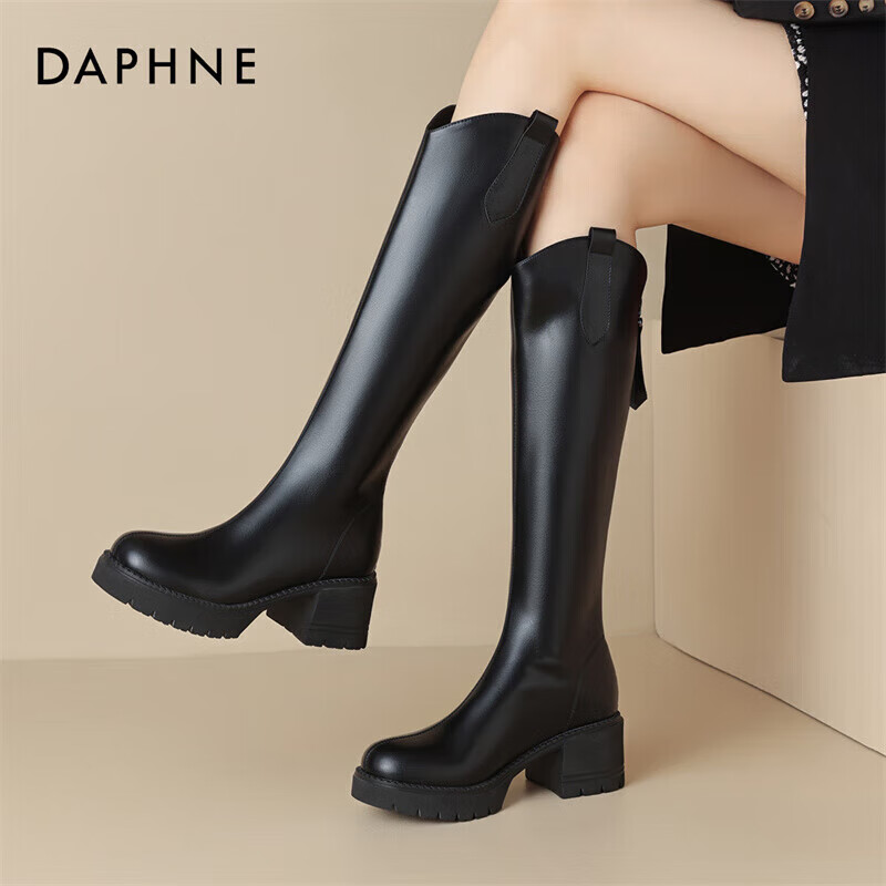 DAPHNE Women's Over-the-Knee Thick-Soled British Style Knight Boots with Fleece Lining 4023605005 Velvet Black Size 35