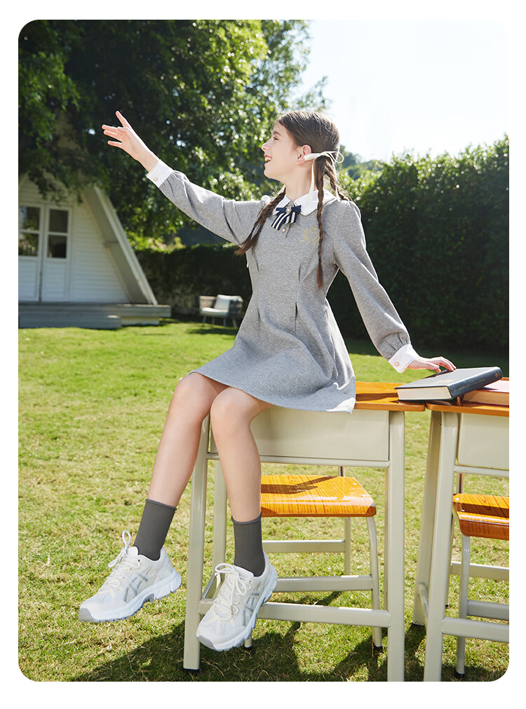 YEEHOO Girls' Dress, Children's Princess Dress, Big Kids' Dress, Preppy Style Long-Sleeve Dress, Autumn, Off-White, Size 165 7