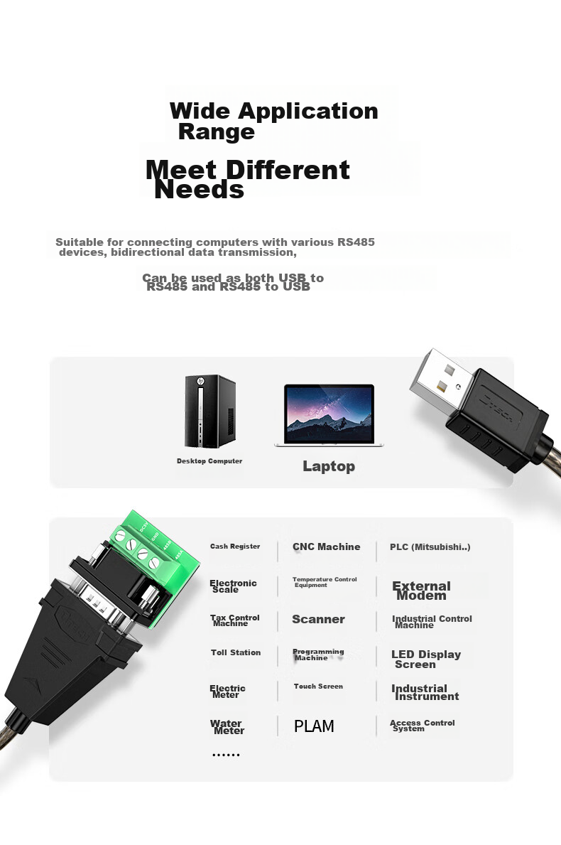 DTECH USB to RS485 Serial Cable, 9-Pin Adapter for COM Port, Debugging Cable for Laptops to Connect Attendance Machines, Barcode Scanners, And Tax Control Devices, 0.5 Meter IOT5072 4