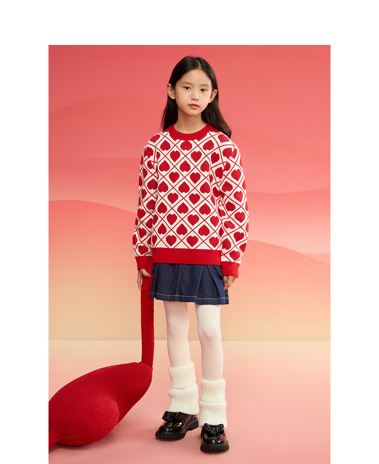 BALABALA Girls' Sweater, Children's Knitwear, Spring Clothing for Kids, Heart Pattern, for Older Children, Trendy Knitted Top, 208125103002 12
