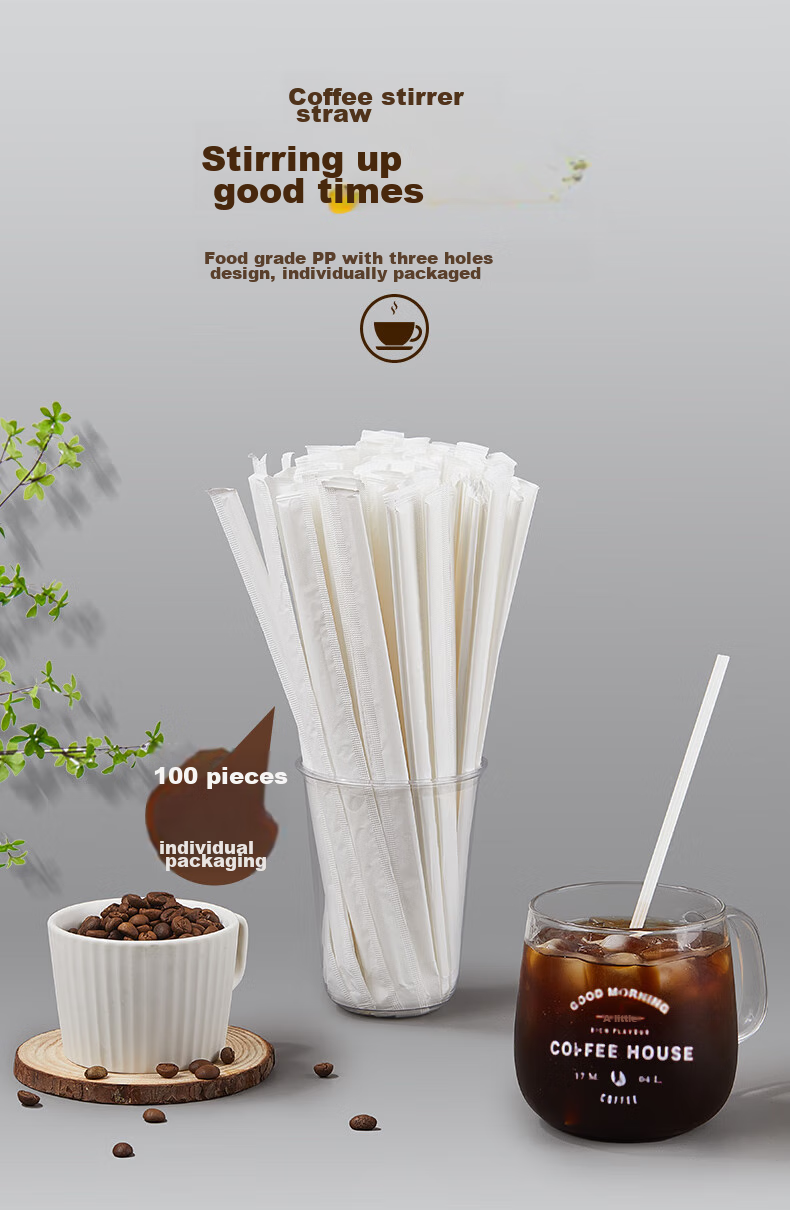 YOUAO Disposable Stirrers, 100 Individually Wrapped, PLA Biodegradable, Three-Hole Plastic Coffee Stirrers for Hot Drinks 1