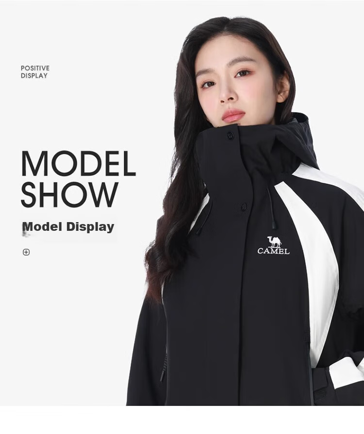 CAMEL Women's Three-In Waterproof Jacket, Color Block Short Coat, New Style, Petite Travel Hiking Clothing 17