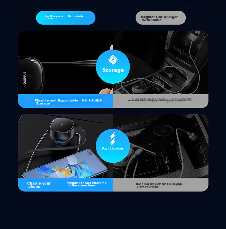 Baseus Car Charger Cigarette Lighter Three-In Super Fast Charging Adapter with Retractable Cable Compatible with Apple, Huawei, Xiaomi 5