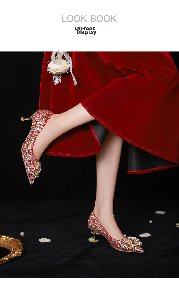 Josiny Elegant Wedding Shoes, High Heels for Women, Chinese-Style Wedding Shoes to Match Dresses, Qipao, Toasting without Fatigue, Red, Size 35 6