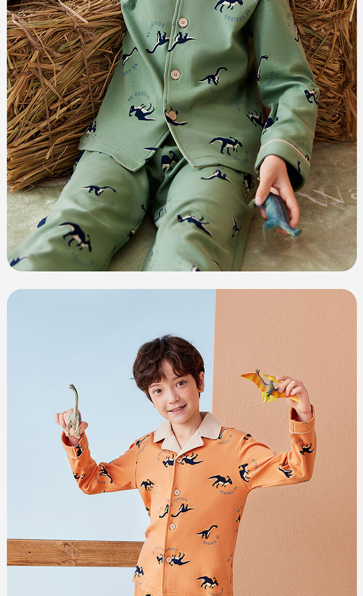 Dingguagua Children's Pajama Set, Pure Cotton Spring And Autumn Long-Sleeve Boys' Loungewear, All-Cotton Open-Front Sleepwear for Older Boys, Green, Size 150 6