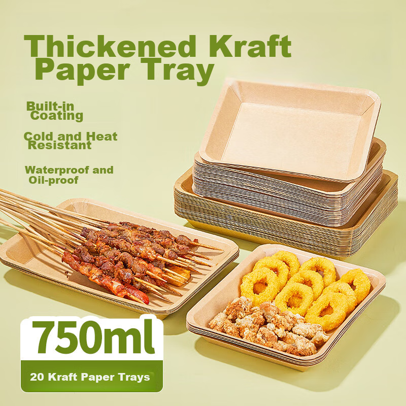 LANZIRAN Disposable Plates, Barbecue Plates, 750ml*20 Pieces, Large Size, Kraft Paper Trays, Food, Camping, Outdoor Picnic Utensils