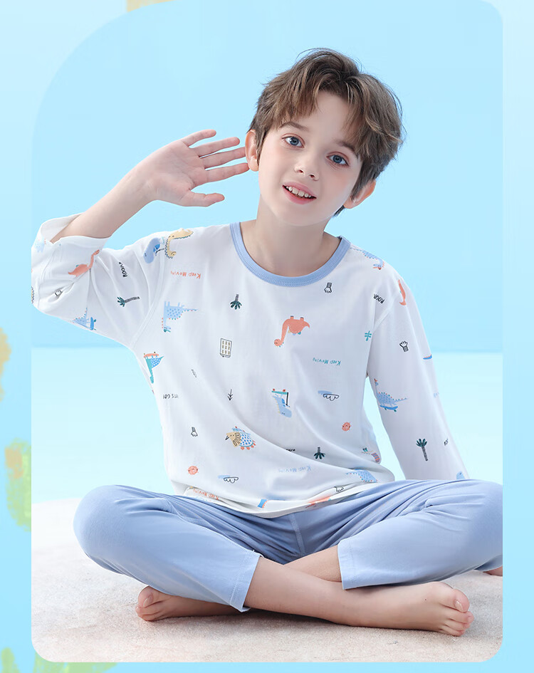 LangSha Children's Summer Pajamas, Thin Three-Quarter Sleeve Sleepwear, Air Conditioning Clothes for Boys And Girls, Home Wear Set for Older Childre 2