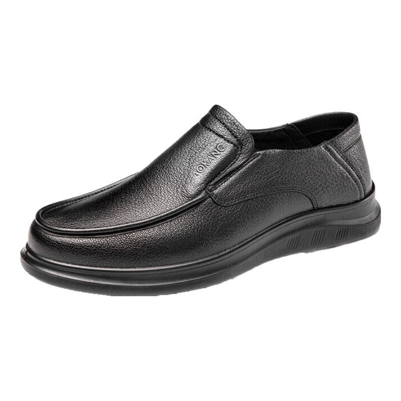 Aokang Men's Shoes, Sheepskin Men's Business Casual Round Toe Slip-On Breathable Soft-Soled Leather Shoes, Black, Size 44