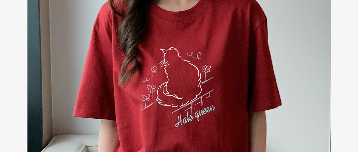 Halo Queen Women's Short-Sleeve T-Shirt, Summer Lightweight Round Neck Tee, American Sweet Cool Cat Print Half-Sleeve Top H143T1409 55
