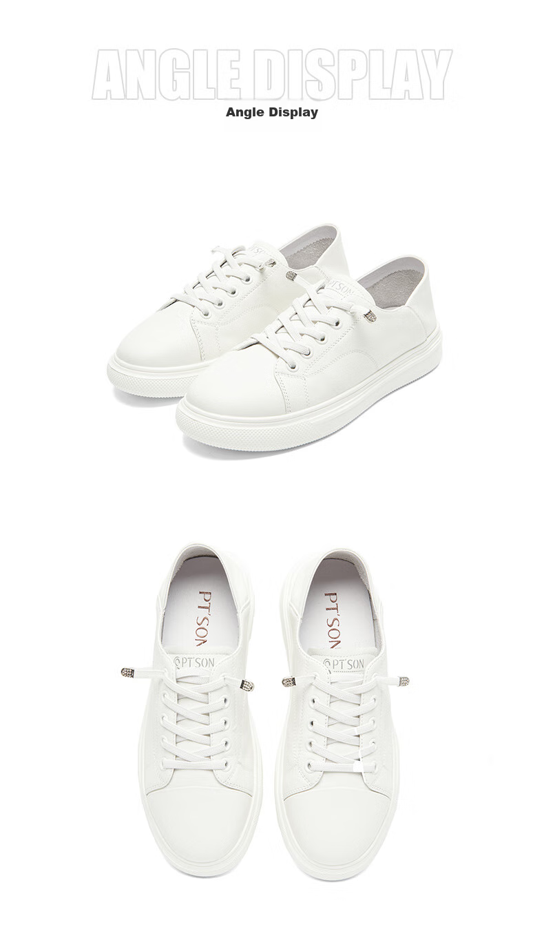 PT'SON Leather Sports Casual White Sneakers for Women, Spring Thick-Soled Breathable Slip-On Simple Versatile Skateboard Shoes, Beige, Size 35 17