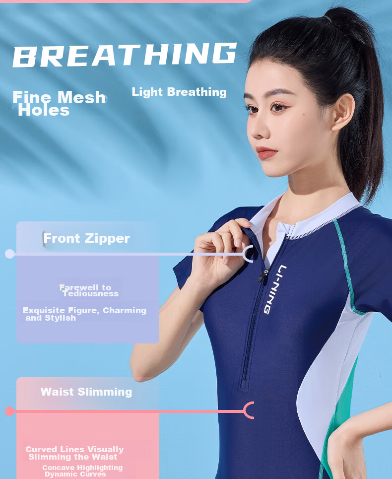 Li-Ning One-Piece Swimsuit for Women, Conservative Square-Leg Design, Professional Swimming Training, Slimming Fit, Suitable for Hot Springs And Vacation, Swimwear 496 Blue-Green L 4