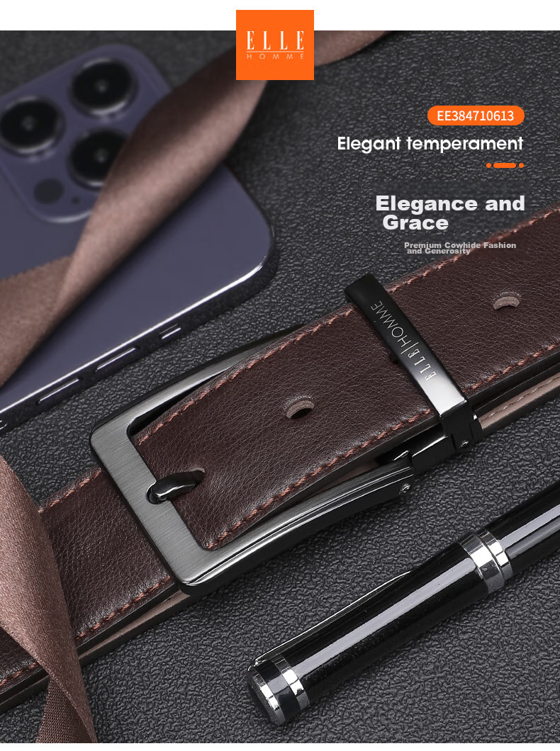 ELLE HOMME Men's Belt, Top-Grain Leather Pin Buckle Waistband, Fashionable Casual Trouser Belt for Men, Birthday Gift for Boyfriend 2